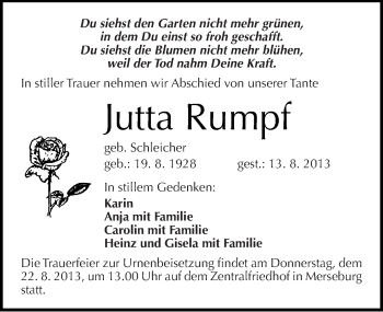Traueranzeige von Jutta Rumpf von Mitteldeutsche Zeitung Merseburg/Querfurt