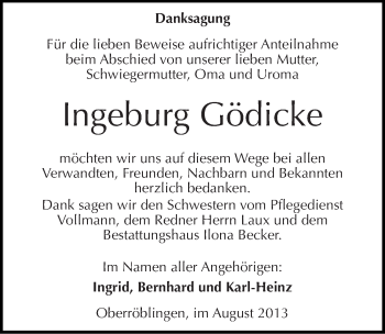Traueranzeige von Ingeburg Gödicke von Mitteldeutsche Zeitung Sangerhausen