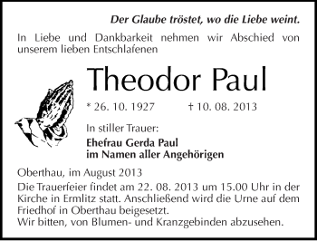 Traueranzeige von Theodor Paul von Mitteldeutsche Zeitung Merseburg/Querfurt