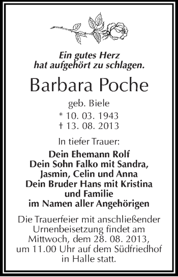 Traueranzeige von Barbara Poche von Mitteldeutsche Zeitung Halle/Saalkreis
