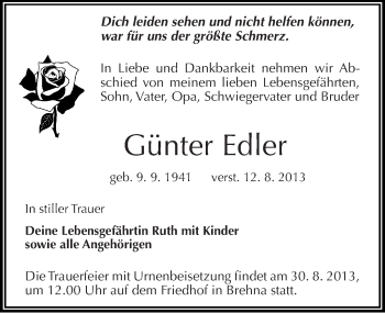 Traueranzeige von Günter Edler von Mitteldeutsche Zeitung Bitterfeld