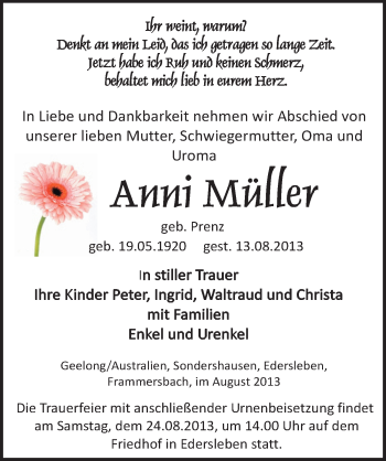 Traueranzeige von Anni Müller von Mitteldeutsche Zeitung Sangerhausen