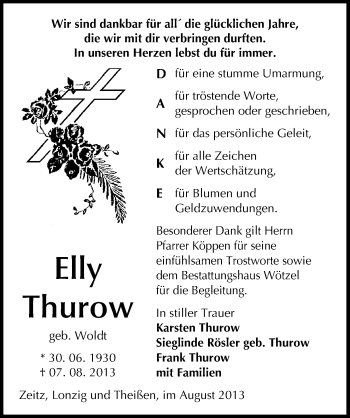 Traueranzeige von Elly Thurow von Mitteldeutsche Zeitung Zeitz