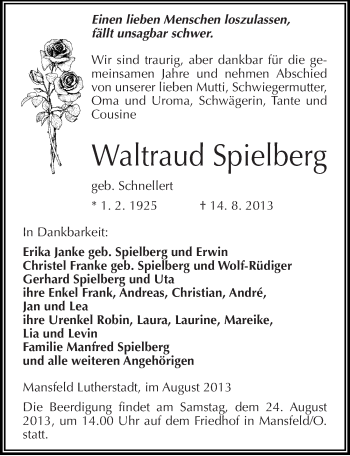 Traueranzeige von Waltraud Spielberg von Mitteldeutsche Zeitung Mansfelder Land