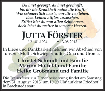 Traueranzeige von Jutta Förster von Mitteldeutsche Zeitung Halle/Saalkreis