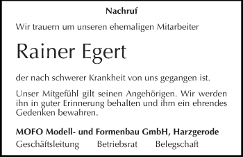 Traueranzeige von Rainer Egert von Mitteldeutsche Zeitung Quedlinburg