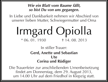 Traueranzeige von Irmgard Opiolla von Mitteldeutsche Zeitung Halle/Saalkreis