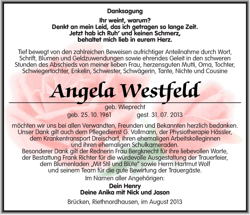  Traueranzeige für Angela Westfeld vom 17.08.2013 aus Mitteldeutsche Zeitung Sangerhausen