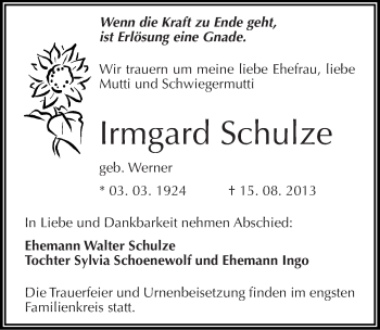Traueranzeige von Irmgard Schulze von Mitteldeutsche Zeitung Dessau-Roßlau