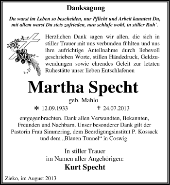 Traueranzeige von Martha Specht von Mitteldeutsche Zeitung Wittenberg