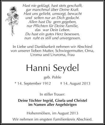 Traueranzeige von Hanni Seydel von Mitteldeutsche Zeitung Weißenfels
