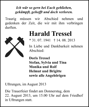 Traueranzeige von Harald Tressel von Mitteldeutsche Zeitung Sangerhausen