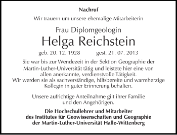 Traueranzeige von Helga Reichstein von Mitteldeutsche Zeitung Halle/Saalkreis