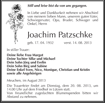 Traueranzeige von Joachim Patzschke von Mitteldeutsche Zeitung Weißenfels