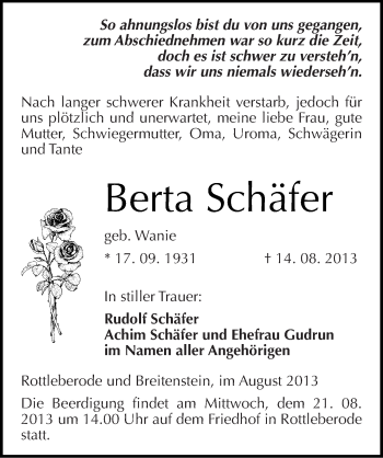 Traueranzeige von Berta Schäfer von Mitteldeutsche Zeitung Sangerhausen