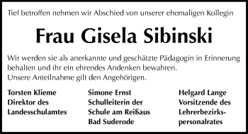 Traueranzeige von Gisela Sibinski von Mitteldeutsche Zeitung Quedlinburg