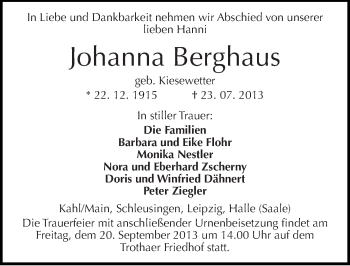 Traueranzeige von Johanna Berghaus von Mitteldeutsche Zeitung Halle/Saalkreis