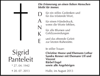 Traueranzeige von Sigrid Panteleit von Mitteldeutsche Zeitung Halle/Saalkreis