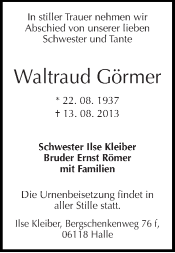 Traueranzeige von Waltraud Görmer von Mitteldeutsche Zeitung Quedlinburg