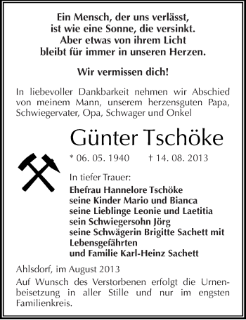 Traueranzeige von Günter Tschöke von Mitteldeutsche Zeitung Mansfelder Land