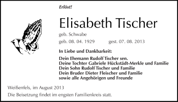 Traueranzeige von Elisabeth Tischer von Mitteldeutsche Zeitung Weißenfels