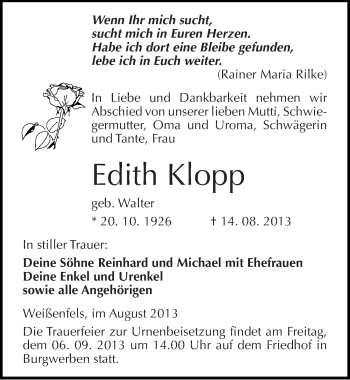 Traueranzeige von Edith Klopp von Mitteldeutsche Zeitung Weißenfels