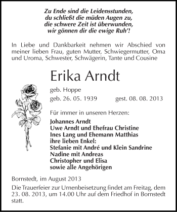 Traueranzeige von Erika Arndt von Mitteldeutsche Zeitung Mansfelder Land