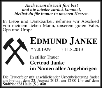 Traueranzeige von Edmund Janke von Mitteldeutsche Zeitung Halle/Saalkreis