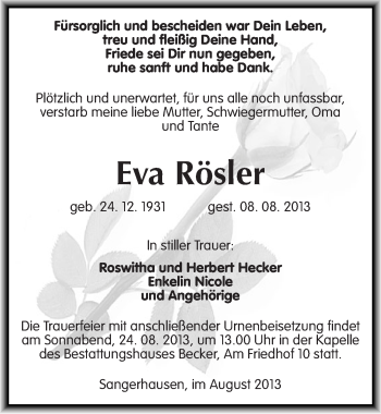Traueranzeige von Eva Rösler von Mitteldeutsche Zeitung Sangerhausen
