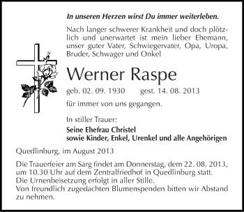 Traueranzeige von Werner Raspe von Mitteldeutsche Zeitung Quedlinburg