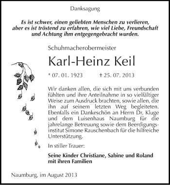 Traueranzeige von Karl-Heinz Keil von Mitteldeutsche Zeitung Naumburg/Nebra