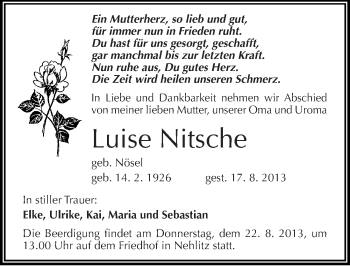 Traueranzeige von Luise Nitsche von Mitteldeutsche Zeitung Halle/Saalkreis