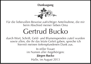 Traueranzeige von Gertrud Bucko von Mitteldeutsche Zeitung Halle/Saalkreis