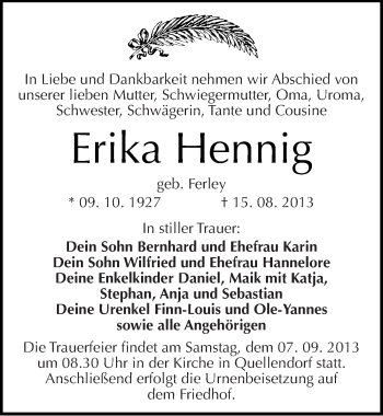 Traueranzeige von Erika Hennig von Mitteldeutsche Zeitung Köthen