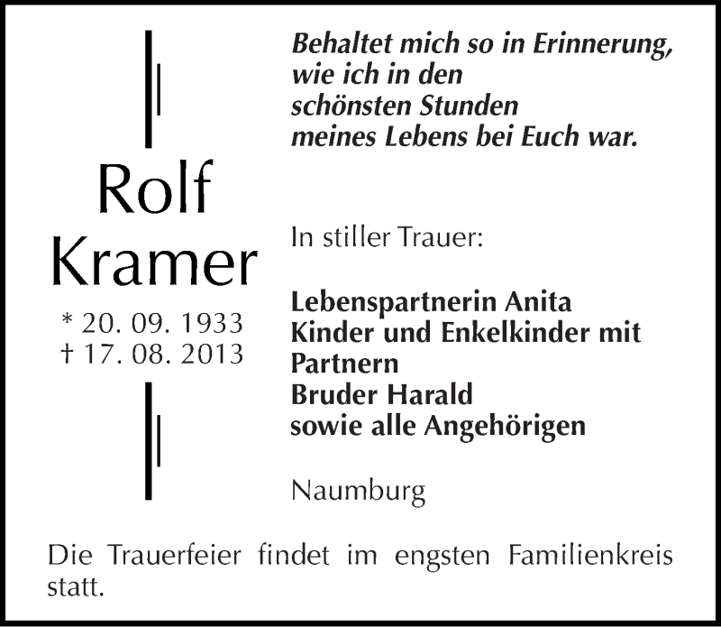  Traueranzeige für Rolf Kramer vom 20.08.2013 aus Mitteldeutsche Zeitung Naumburg/Nebra