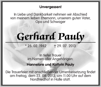 Traueranzeige von Gerhard Pauly von Mitteldeutsche Zeitung Merseburg/Querfurt