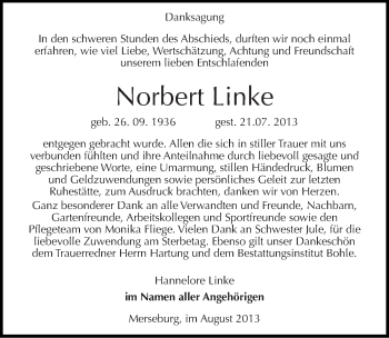 Traueranzeige von Norbert Linke von Mitteldeutsche Zeitung Merseburg/Querfurt