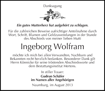 Traueranzeige von Ingeborg Wolfram von Mitteldeutsche Zeitung Naumburg/Nebra