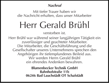 Traueranzeige von Gerald Brühl von Mitteldeutsche Zeitung Merseburg/Querfurt