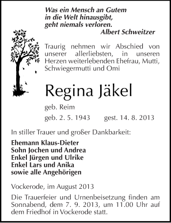 Traueranzeige von Regina Jäkel von Mitteldeutsche Zeitung