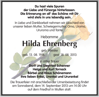 Traueranzeige von Hilda Ehrenberg von Mitteldeutsche Zeitung Köthen