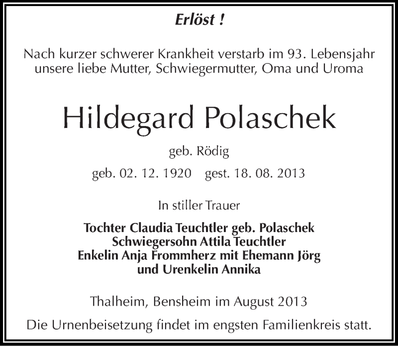  Traueranzeige für Hildegard Polaschek vom 20.08.2013 aus Mitteldeutsche Zeitung Bitterfeld