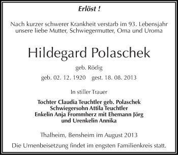 Traueranzeige von Hildegard Polaschek von Mitteldeutsche Zeitung Bitterfeld