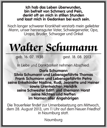 Traueranzeige von Walter Schumann von Mitteldeutsche Zeitung Naumburg/Nebra