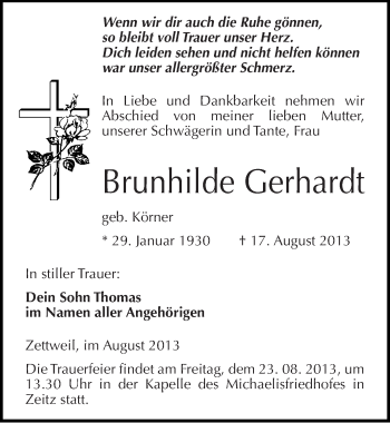 Traueranzeige von Brunhilde Gerhardt von Mitteldeutsche Zeitung Zeitz
