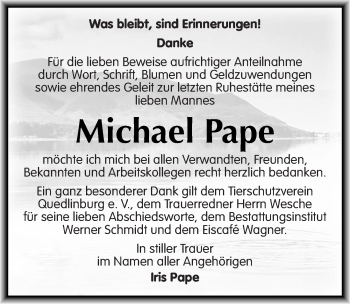 Traueranzeige von Michael Pape von Mitteldeutsche Zeitung Quedlinburg