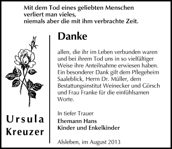 Traueranzeige von Ursula Kreuzer von Mitteldeutsche Zeitung Bernburg