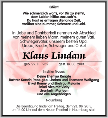 Traueranzeige von Klaus Lindam von Mitteldeutsche Zeitung Naumburg/Nebra