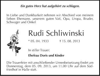 Traueranzeige von Rudi Schliwinski von Mitteldeutsche Zeitung Halle/Saalkreis