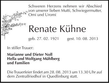 Traueranzeige von Renate Kühne von Mitteldeutsche Zeitung Quedlinburg